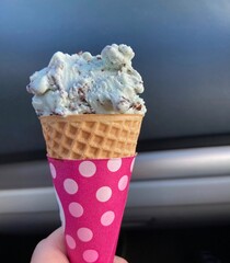 mint chocolate chip ice cream cone