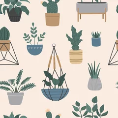 Wallpaper murals Plants in pots Seamless pattern of house plants in hanging pots, Scandinavian interior with plant holder. Vector illustration, flat cartoon style. 