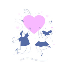 Young couple in love are holding a big heart in their hands. Happy man and woman.Vector illustration in flat style. Template for greeting card or invitation.
