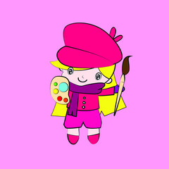 artist vector illustration of cute chibi character isolated for kids learn jobs. Background, t-shirt, card and sticker profession