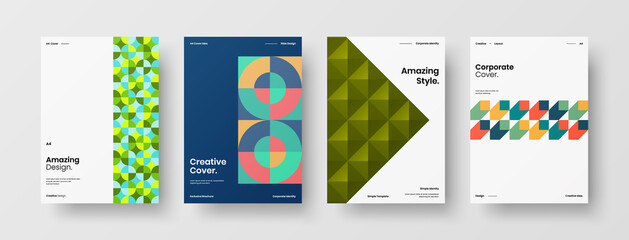 Fototapeta premium Company identity brochure template collection. Business presentation vector A4 vertical orientation front page mock up set. Corporate report cover abstract geometric illustration design layout bundle.