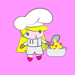 chef vector illustration of cute chibi character isolated for kids learn jobs. Background, t-shirt, card and sticker profession