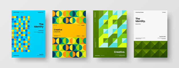 Fototapeta premium Company identity brochure template collection. Business presentation vector A4 vertical orientation front page mock up set. Corporate report cover abstract geometric illustration design layout bundle.