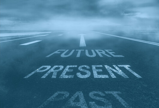 The concept of the past, present, future. Desert road in the mist.
