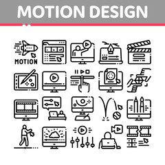 Motion Design Studio Collection Icons Set Vector. Movie Motion Redactor Programme On Computer Screen And Video Player, Filmstrip And Clipboard Linear Pictograms. Monochrome Contour Illustrations