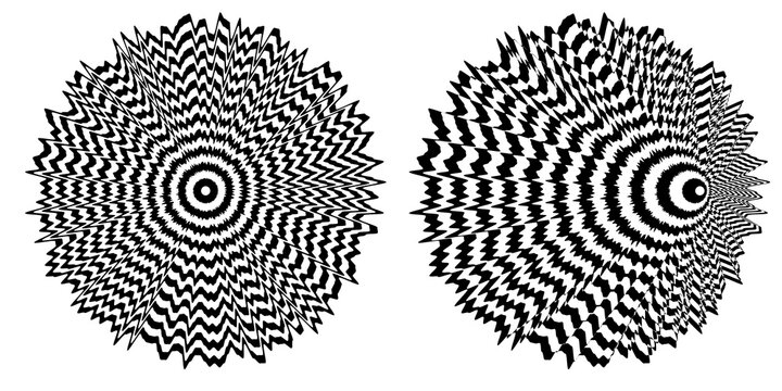 Abstract black and white striped round object. Geometric pattern with visual distortion effect. Optical illusion. Op art. Isolated on white background.
