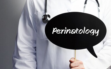 Perinatology. Doctor with stethoscope holds speech bubble in hand. Text is on the sign. Healthcare,...