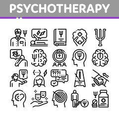 Psychotherapy Help Collection Icons Set Vector. Handshake And Brain, Psychotherapist And Patient, Psychotherapy Treatment Concept Linear Pictograms. Monochrome Contour Illustrations