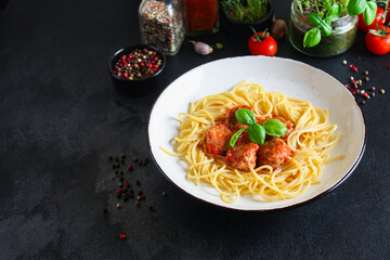  pasta spaghetti meatballs tomato sauce Menu concept healthy eating. food background top view copy space