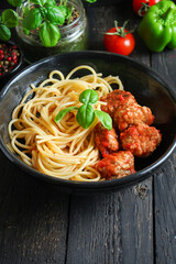  pasta spaghetti meatballs tomato sauce Menu concept healthy eating. food background top view copy space