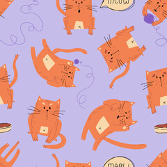 Cute hand drawn cats in various moods and pastime vector seamless pattern on purple background. 