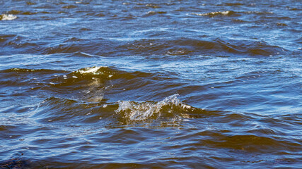 Waves on dark blue water. Windy cold weather