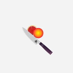 Knife vector art, cutting orange in knife with white background. Japaneses knife with brown handle.
