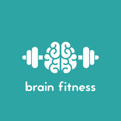 brain with dumbbells icon. Intellect, phsychology, knowledge simple pictogram isolated on blue.