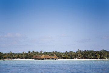 Panoramic view of palm trees and water villas on the tropical Island.