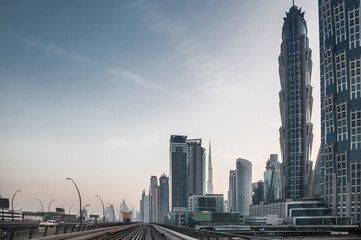 Fototapeta na wymiar City view of Downtown skyline along Sheikh Zayed road from the metro