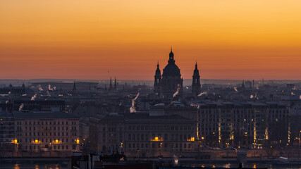 Fototapeta na wymiar Budapest skyline of St. Stephen's Basilica before sunrise in winter