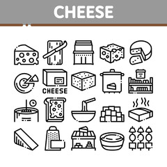 Cheese Dairy Food Collection Icons Set Vector. Cheese On Sliced Bread Sandwich Breakfast And Milky Product Piece, Grater And Cut Board Concept Linear Pictograms. Monochrome Contour Illustrations