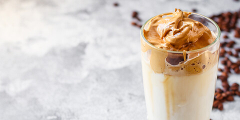 Dalgona coffee ice drink
cappuccino or latte fluffy creamy whipped Menu concept  food background top view copy space