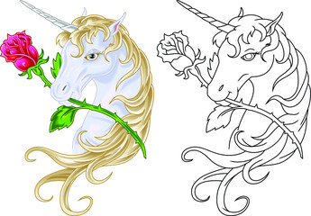 Cute magical unicorn with a golden mane and a rose. Vector design on a white background. Print for t-shirts. © Gouache7