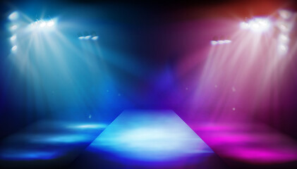 Stage podium illuminated by spotlights. Empty runway before fashion show. Colorful background. Vector illustration. - 354435536