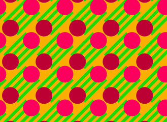 Vector pattern of green stripes and pink red circles on orange background