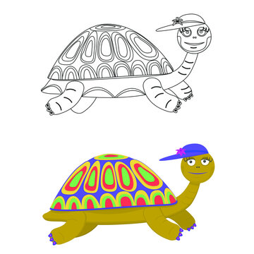 Cute cartoon turtle. Coloring. Isolated vector image on a white background.