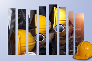 Fototapeta premium Double exposure engineering using digital technology interfaces icon with construction cranes no city background.