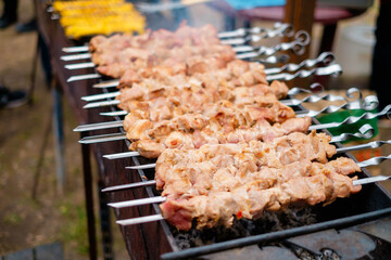 Barbecue grilled several skewers in a row on the grill. Cooking meat outdoors.