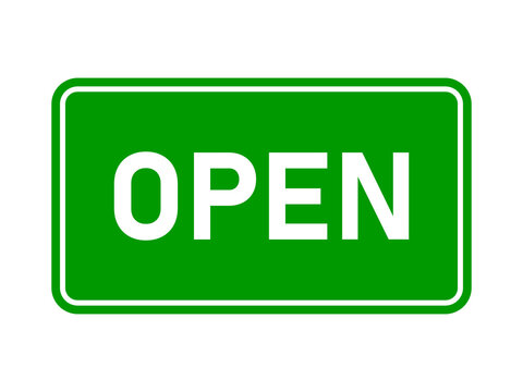 Open Sign with a Green Rectangular Board Icon with Rounded Corners. Vector Image.