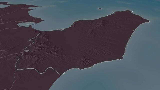 Nabeul, governorate with its capital, zoomed and extruded on the administrative map of Tunisia in the conformal Stereographic projection. Animation 3D