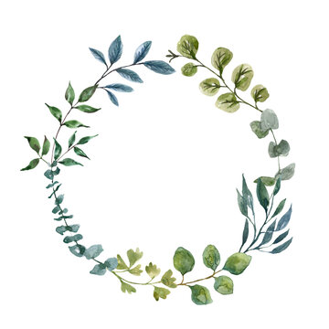 Watercolor greenery wreath with hand painted green leaves and foliage. Round floral frame with eucalyptus branches, forest plants, herbs on white background. Rustic style wedding invitation design
