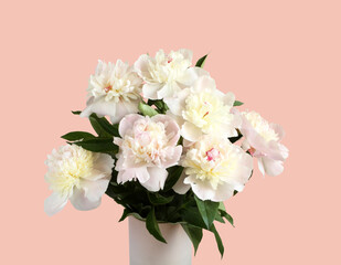 Bouquet of small light pink peonies on white background