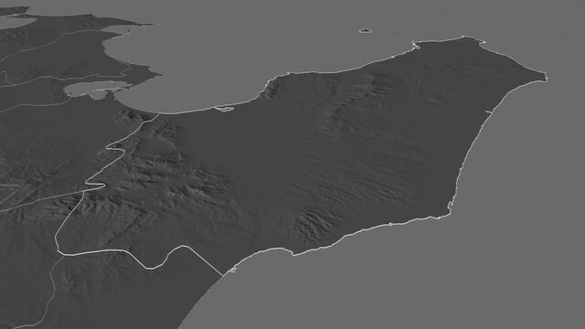 Nabeul, governorate with its capital, zoomed and extruded on the bilevel map of Tunisia in the conformal Stereographic projection. Animation 3D