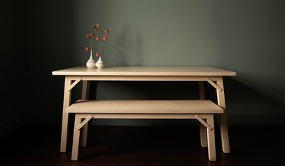 Interior wooden table and bench