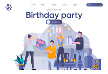 Birthday party landing page with header. Man standing on one knee and presenting bouquet of flowers to his beloved scene. Friends celebrating birthday and giving gift to girl flat vector illustration.