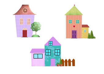 Illustration house icon. Fairytale house and trees isolated on white background. Design element. Template for card, posters, board.