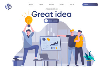Great idea landing page with header. Man presenting new great idea before investors, startup team brainstorming in office scene. Coworking, teamwork and creativity situation flat vector illustration.