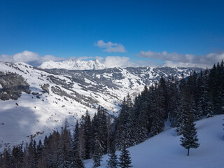 Scenic view of ski region Saalbach Hinterglemm in the Austria alps .