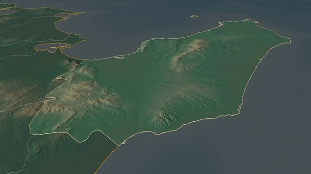 Nabeul, governorate with its capital, zoomed and extruded on the relief map of Tunisia in the conformal Stereographic projection. Animation 3D