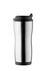 stainless steel coffee cup front view. thermal travel mug to drink hot beverage tea. isolated on a white background. blank for design. studio shot.