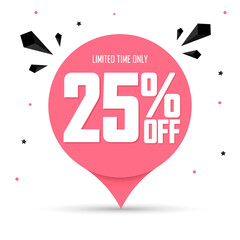 Sale 25% off tag, speech bubble banner design template, discount tag, lowest price, app icon, vector illustration
