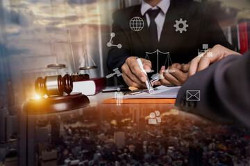 justice and law concept. Lawyer businessman working on digital tablet with law interface icons.	