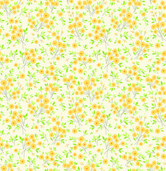 Cute floral pattern in the small flower. Ditsy print. Seamless vector texture. Elegant template for fashion prints. Printing with small yellow flowers. White background.