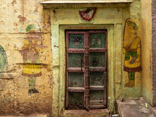 An old doorway of an ancient Hindu temple in the old city of Varanasi