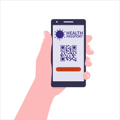 Vector illustration: hand with a phone. Electronic passport of immunity covid-19.