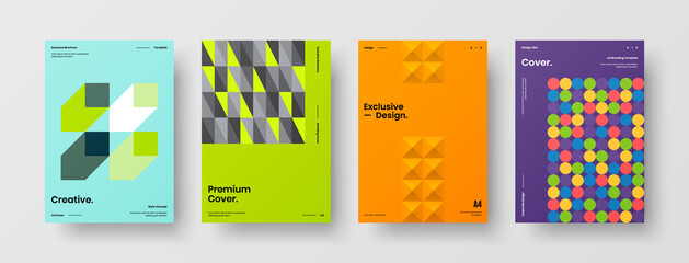Fototapeta premium Company identity brochure template collection. Business presentation vector A4 vertical orientation front page mock up set. Corporate report cover abstract geometric illustration design layout bundle.