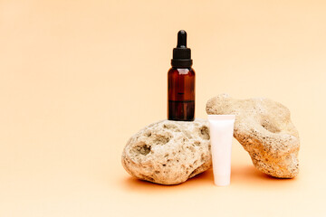 beauty spa medical skincare cosmetic lotion bottle packaging on hell background with grunge concrete stone, healthcare medicine clinic concept.