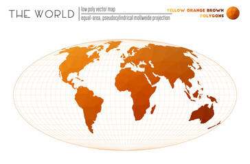 Triangular mesh of the world. Equal-area, pseudocylindrical Mollweide projection of the world. Yellow, orange, brown colored polygons. Neat vector illustration.