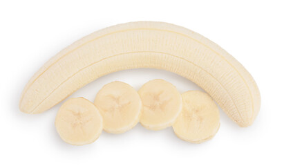 peeled banana isolated on white background with clipping path and full depth of field. Top view. Flat lay.